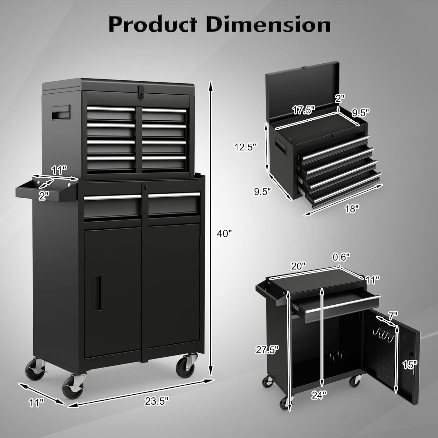 5-Drawer Rolling Tool Chest, Tool Storage Box, Removable Tool Cabinet, Sliding Metal Organizer W/Lockable Drawers (Classic Black) — product view 3