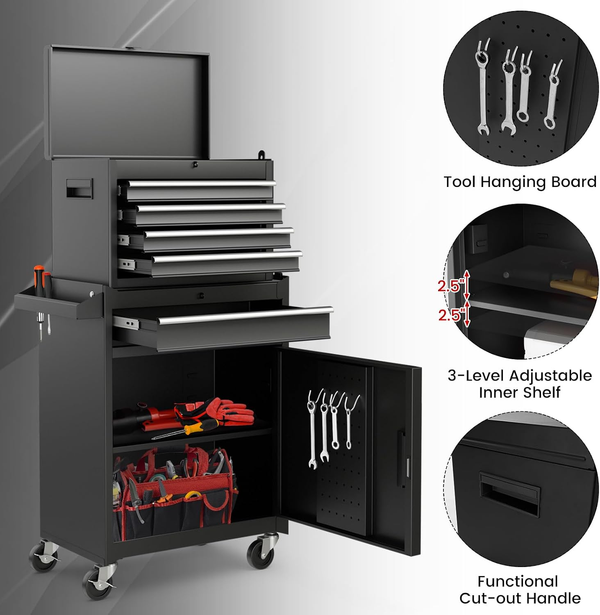 5-Drawer Rolling Tool Chest with Lockable Drawers – Black