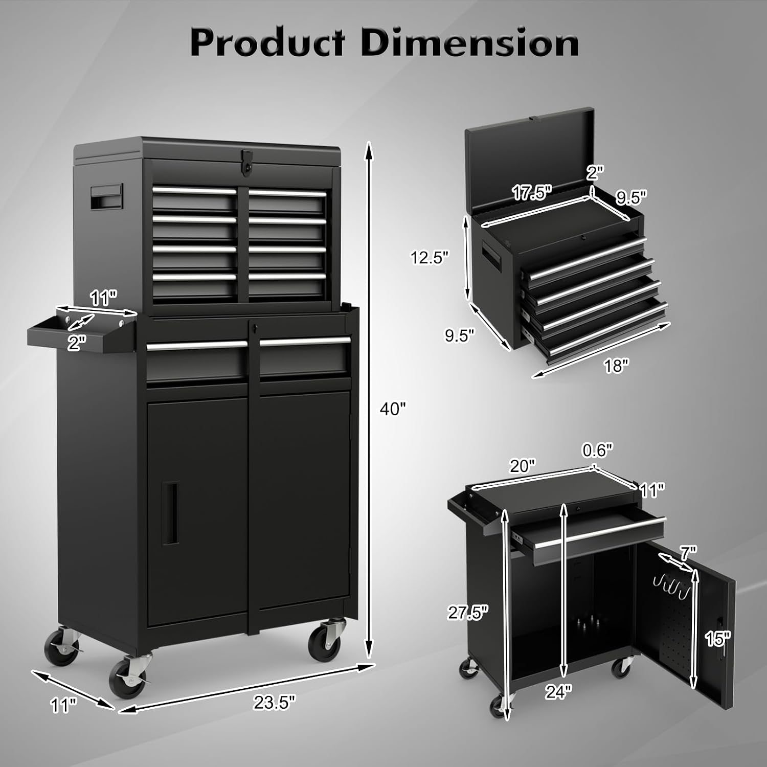 5-Drawer Rolling Tool Chest, Tool Storage Box, Removable Tool Cabinet, Sliding Metal Organizer W/Lockable Drawers (Classic Black) — product view 3
