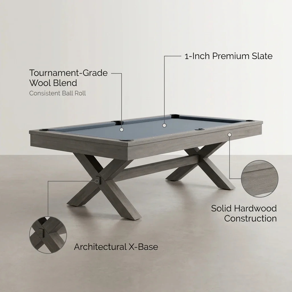 Pool Table Built for Tournament Play, 1-Inch Slate Surface, Solid Wood Construction, Premium Wool Blend — infographic