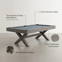 Pool Table Built for Tournament Play, 1-Inch Slate Surface, Solid Wood Construction, Premium Wool Blend — infographic