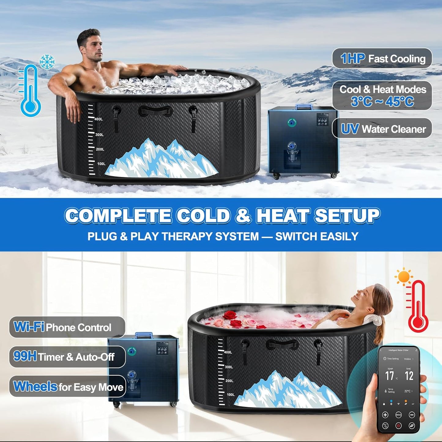Cold Plunge Tub, 248 Gallon, 1 Horsepower, Heavy-Duty Ice Bath Tub for Athletes with Hot & Cold, Portable Inflatable Plunge Chiller with Water Treatment Kit, Immersion Therapy, Wifi (Black, 1 Set) — product view 3