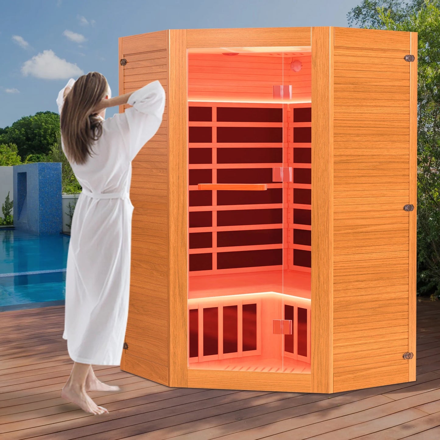 Multifunctional 2-3 Person Infrared Sauna for Home, 2180W Indoor Sauna with 7-Color LED Ambient Light, Red Light Feature, Oxygen Bar, Dual Bluetooth Speakers, 360° Surround Heating — product view 10