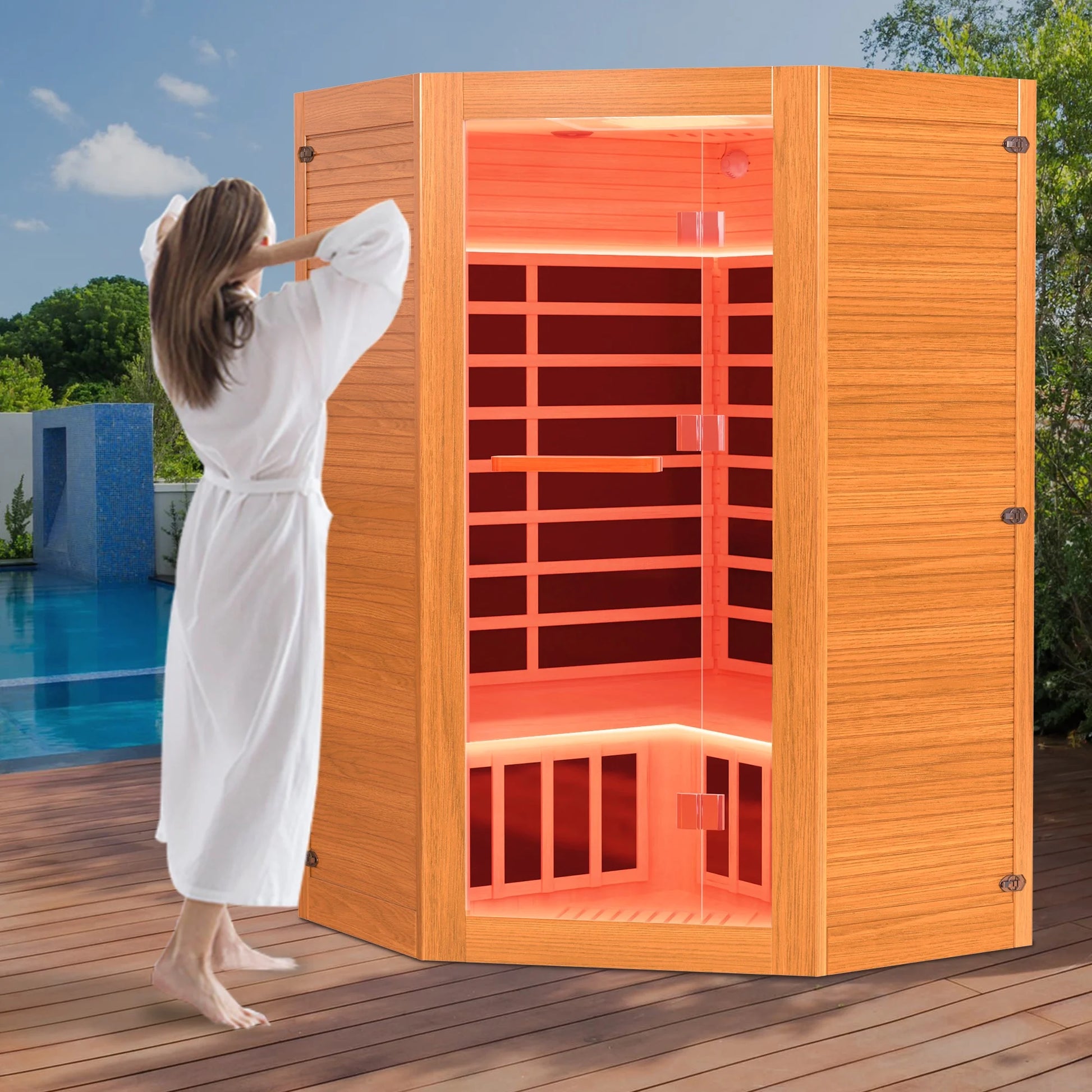 Multifunctional 2-3 Person Infrared Sauna for Home, 2180W Indoor Sauna with 7-Color LED Ambient Light, Red Light Feature, Oxygen Bar, Dual Bluetooth Speakers, 360° Surround Heating — product view 10