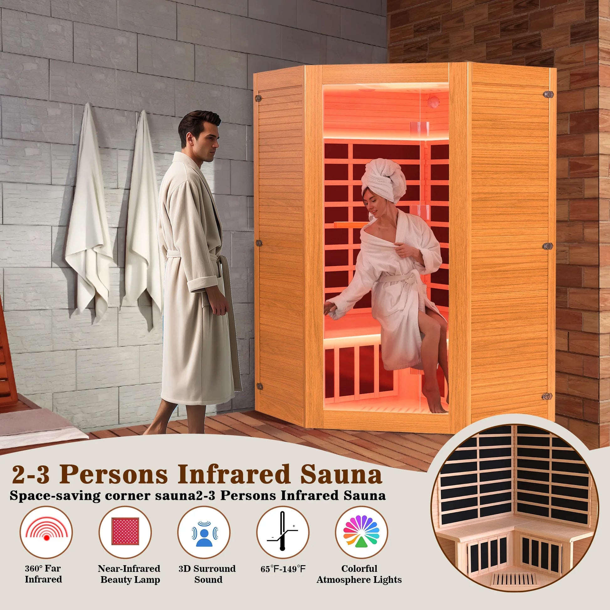 Multifunctional 2-3 Person Infrared Sauna for Home, 2180W Indoor Sauna with 7-Color LED Ambient Light, Red Light Feature, Oxygen Bar, Dual Bluetooth Speakers, 360° Surround Heating — product view 12