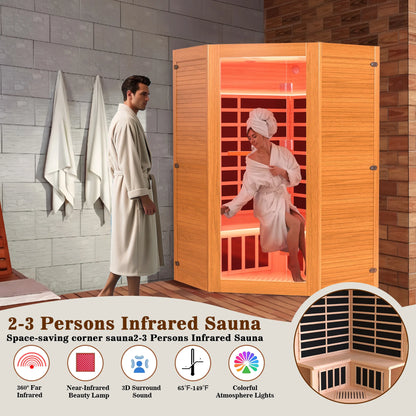 Multifunctional 2-3 Person Infrared Sauna for Home, 2180W Indoor Sauna with 7-Color LED Ambient Light, Red Light Feature, Oxygen Bar, Dual Bluetooth Speakers, 360° Surround Heating — product view 12