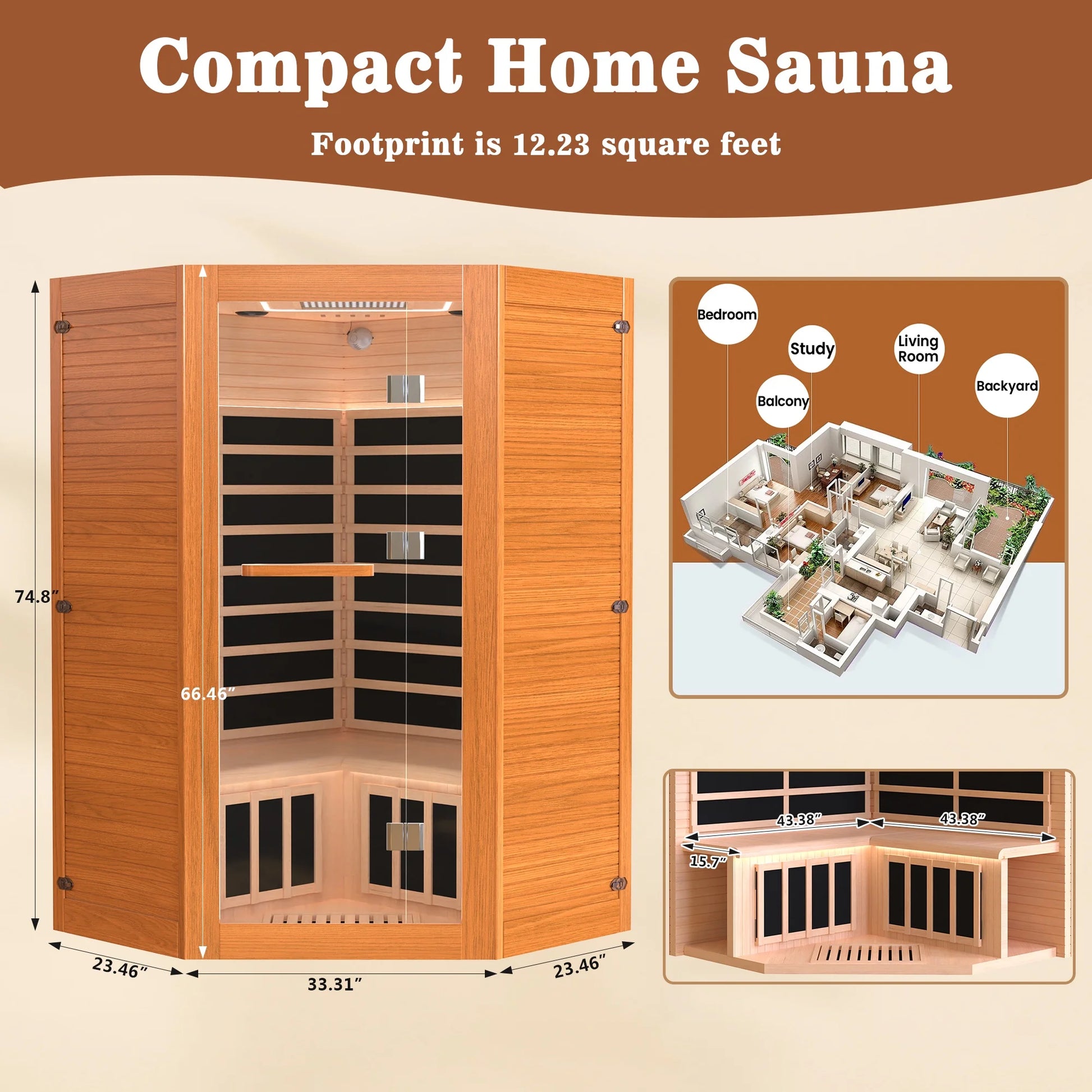Multifunctional 2-3 Person Infrared Sauna for Home, 2180W Indoor Sauna with 7-Color LED Ambient Light, Red Light Feature, Oxygen Bar, Dual Bluetooth Speakers, 360° Surround Heating — product view 3