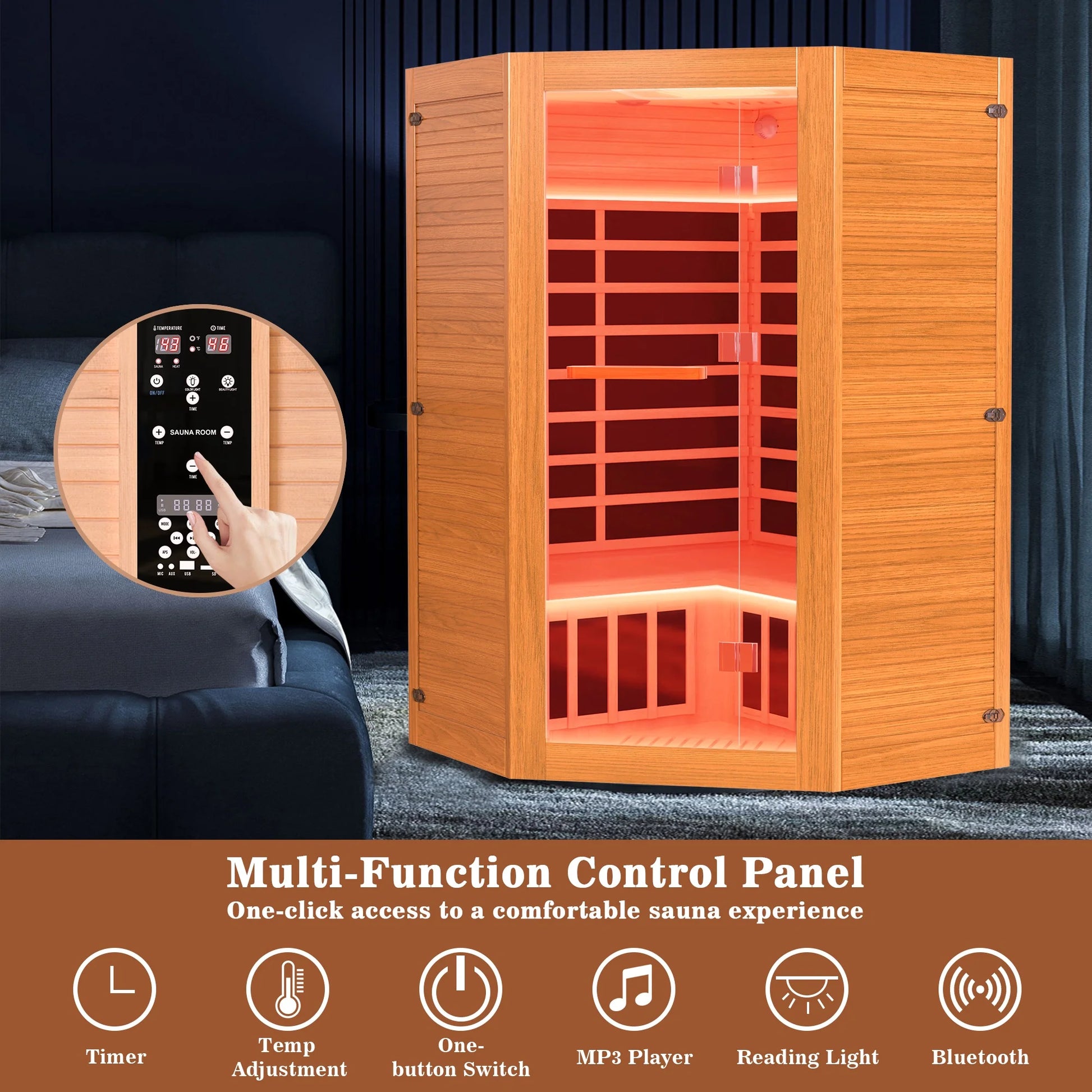 Multifunctional 2-3 Person Infrared Sauna for Home, 2180W Indoor Sauna with 7-Color LED Ambient Light, Red Light Feature, Oxygen Bar, Dual Bluetooth Speakers, 360° Surround Heating — product view 4